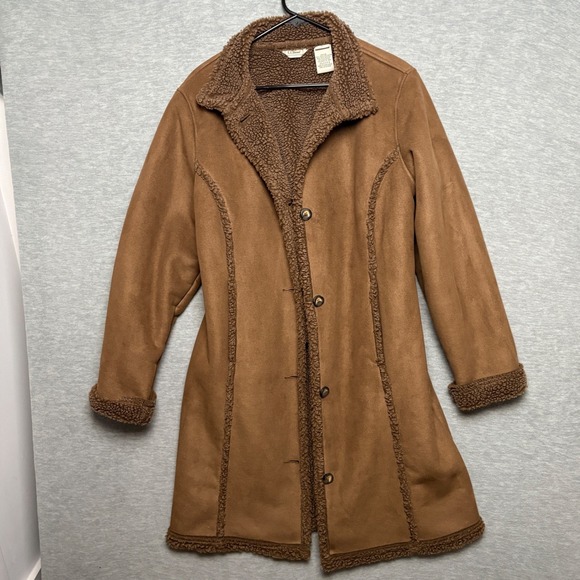 Vintage LL Bean Women Faux Suede Sherpa Lined Coat Jacket Brown Large - Picture 1 of 9